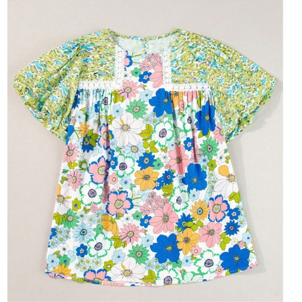 Boho Floral Print Lace Puff Sleeve Loose Fit Blouse S M L XL - Picture 6 of 8